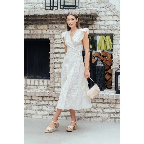 NWT GANNI Seersucker Check Print Wrap Dress in Multicolor Sz 34 / XS - Picture 1 of 13